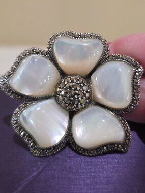 Vintage Alpine Anemone Mother-of-Pearl Marcasite Sterling Silver Pin Brooch